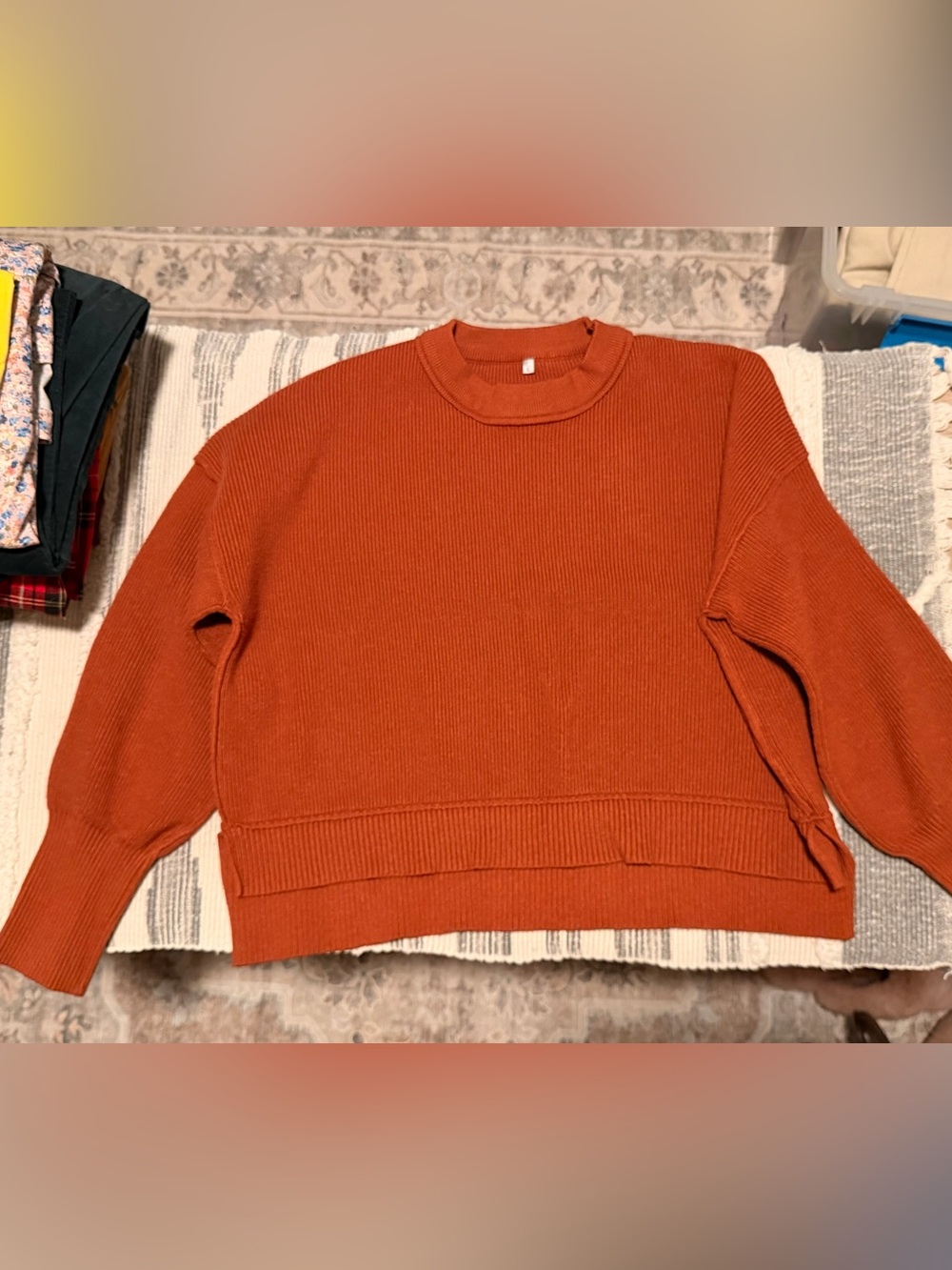 Chunky seam Women's Ribbed Crewneck Sweater - Rust Orange cropped